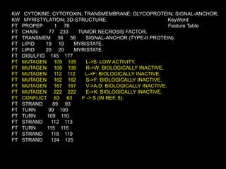 KW CYTOKINE; CYTOTOXIN; TRANSMEMBRANE; GLYCOPROTEIN; SIGNAL-ANCHOR;
KW MYRISTYLATION; 3D-STRUCTURE. KeyWord
FT PROPEP 1 76 Feature Table
FT CHAIN 77 233 TUMOR NECROSIS FACTOR.
FT TRANSMEM 36 56 SIGNAL-ANCHOR (TYPE-II PROTEIN).
FT LIPID 19 19 MYRISTATE.
FT LIPID 20 20 MYRISTATE.
FT DISULFID 145 177
FT MUTAGEN 105 105 L->S: LOW ACTIVITY.
FT MUTAGEN 108 108 R->W: BIOLOGICALLY INACTIVE.
FT MUTAGEN 112 112 L->F: BIOLOGICALLY INACTIVE.
FT MUTAGEN 162 162 S->F: BIOLOGICALLY INACTIVE.
FT MUTAGEN 167 167 V->A,D: BIOLOGICALLY INACTIVE.
FT MUTAGEN 222 222 E->K: BIOLOGICALLY INACTIVE.
FT CONFLICT 63 63 F -> S (IN REF. 5).
FT STRAND 89 93
FT TURN 99 100
FT TURN 109 110
FT STRAND 112 113
FT TURN 115 116
FT STRAND 118 119
FT STRAND 124 125
 