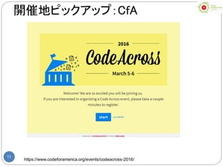 11
開催地ピックアップ：CfA
https://www.codeforamerica.org/events/codeacross-2016/
 