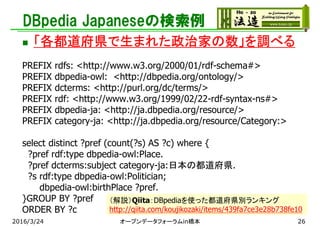 DBpedia Japaneseの検索例
 「各都道府県で生まれた政治家の数」を調べる
PREFIX rdfs: <http://www.w3.org/2000/01/rdf-schema#>
PREFIX dbpedia-owl: <http://dbpedia.org/ontology/>
PREFIX dcterms: <http://purl.org/dc/terms/>
PREFIX rdf: <http://www.w3.org/1999/02/22-rdf-syntax-ns#>
PREFIX dbpedia-ja: <http://ja.dbpedia.org/resource/>
PREFIX category-ja: <http://ja.dbpedia.org/resource/Category:>
select distinct ?pref (count(?s) AS ?c) where {
?pref rdf:type dbpedia-owl:Place.
?pref dcterms:subject category-ja:日本の都道府県.
?s rdf:type dbpedia-owl:Politician;
dbpedia-owl:birthPlace ?pref.
}GROUP BY ?pref
ORDER BY ?c
2016/3/24 オープンデータフォーラムin橋本 26
（解説）Qiita：DBpediaを使った都道府県別ランキング
http://qiita.com/koujikozaki/items/439fa7ce3e28b738fe10
 