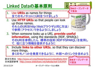 Linked Dataの基本原則
1. Use URIs as names for things
全てのモノやコトにURIをつけましょう
2. Use HTTP URIs so that people can look
up those names.
それらのURIをhttp（Webブラウザと同じ方法）
で参照（アクセス）できるようにしましょう
3. When someone looks up a URI, provide useful
information, using the standards (RDF, SPARQL)
そのURIを参照したら，標準の技術（RDFやSPARQL）を使用し
て，役に立つ情報を提供するように
4. Include links to other URIs. so that they can discover
more things.
多くのモノ・コトを発見できるように，外部へのリンクを含めよう．
原文引用元 http://www.w3.org/DesignIssues/LinkedData.html
日本語訳参考 http://www.slideshare.net/takeda/lod-5163454
5★オープンデータ
で言及
5★オープンデータ
で言及
2016/3/24 オープンデータフォーラムin橋本 34
 
