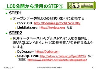 LOD公開から活用のSTEP①
 STEP1
 オープンデータをLODの形式（RDF）に変換する
 CSV2LOD http://lodosaka.jp/tool/CSV2LOD/
 LinkData.org http://linkdata.org など
 STEP2
 RDFデータベース（トリプルストア）にLODを格納し，
SPARQLエンドポイント（LOD検索用API）を使えるよう
にする
 DyDra.com http://Dydra.com
 SPARQL EPUC http://lodcu.cs.chubu.ac.jp/SparqlEPCU/ など
（解説） http://www.slideshare.net/siramatu/sparqlmashup2
2016/3/24 オープンデータフォーラムin橋本 43
 