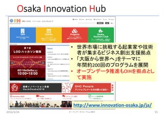 Osaka Innovation Hub
2016/3/24 55
• 世界市場に挑戦する起業家や技術
者が集まるビジネス創出支援拠点
• 「大阪から世界へ」をテーマに
年間約200回のプログラムを展開
• オープンデータ推進もOIHを拠点とし
て実施
http://www.innovation-osaka.jp/ja/
オープンデータフォーラムin橋本
 