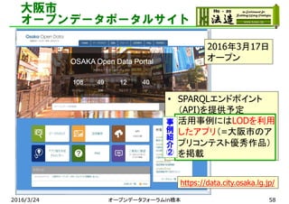 大阪市
オープンデータポータルサイト
2016/3/24 オープンデータフォーラムin橋本 58
2016年3月17日
オープン
https://data.city.osaka.lg.jp/
• SPARQLエンドポイント
（API)を提供予定
• 活用事例にはLODを利用
したアプリ（=大阪市のア
プリコンテスト優秀作品）
を掲載
事
例
紹
介
②
 