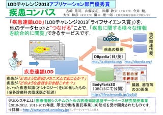 疾患コンパス
「疾患連鎖LOD」（LODチャレンジ2013「ライフサイエンス賞」）を，
他のデータセットと“つなげる”ことで，「疾患に関する様々な情報
を統合的に閲覧」できるサービスです．
古崎 晃司，山縣友紀，加藤 敦丈（大阪大学）今井 健，
大江 和彦（東京大学）溝口 理一郎（北陸先端科学技術大学院大学）
※本システムは「医療情報システムのための医療知識基盤データベース研究開発事業
（2010-2012，2013-2015年度，厚生労働省委託事業）」の助成を受け開発されたものです．
→詳細 http://www.med-ontology.jp/
LODチャレンジJapan 2013：a105
DBpedia（日/英）
http://lifesciencedb.jp/bp3d/
疾患が「どのような原因/メカニズムで起こるか？」
疾患が「どのような症状を引き起こすか？」
といった疾患知識（オントロジー）をLOD化したもの．
（※各診療科の臨床医が記述）
疾患連鎖LOD
BodyParts3D
（DBCLSにて公開）
http://ja.dbpedia.org/ http://dbpedia.org/
…
他
の
関
連
情
報
へ
臓器，器官等
の３D画像
疾患の概要
LODチャレンジ2013アプリケーション部門優秀賞
2016/3/24 オープンデータフォーラムin橋本 78
 