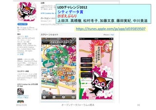 2016/3/24 オープンデータフォーラムin橋本 83
LODチャレンジ2012
シティデータ賞
さばえぶらり
上田洋,高橋徹,松村冬子,加藤文彦,藤田実紀,中川貴滋
https://itunes.apple.com/jp/app/id595859507
 