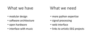 What we have
• modular design
• software architecture
• open hardware
• interface with music
• more python expertise
• signal processing
• web interface
• links to artistic EEG projects
What we need