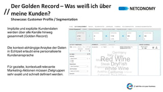 //
Der	Golden	Record – Was	weiß	ich	über	
meine	Kunden?
Showcase:	Customer	Profile	/	Segmentation
Implizite und explizite Kundendaten
werden über alle Kanäle hinweg
gesammelt (Golden Record)
Die kontext-abhängige Anaylse der Daten
in Echtzeit erlaubt eine personalisierte
Kundenansprache
Für gezielte, kontextuell relevante
Marketing-Aktionen müssen Zielgruppen
sehr exakt und schnell definiert werden.
 