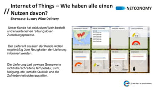 //
Internet	of Things	– Wie	haben	alle	einen	
Nutzen	davon?
Showcase:	Luxury Wine Delivery
Unser Kunde hat exklusiven Wein bestellt
und erwartet einen reibungslosen
Zustellungsprozess.
Der Lieferant als auch der Kunde wollen
regelmäßig über Neuigkeiten der Lieferung
informiert werden.
Die Lieferung darf gewisse Grenzwerte
nicht überschreiten (Temperatur, Licht,
Neigung, etc.) um die Qualität und die
Zufriedenheit sicherzustellen.
 
