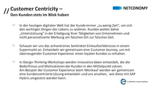 // Customer	Centricity –
Den	Kunden	stets	im	Blick	haben
´ In	der	heutigen	digitalen	Welt	hat	der	Kunde	immer	„zu	wenig	Zeit“,	um	sich	
den	wichtigen	Dingen	des	Lebens	zu	widmen.	Kunden	wollen	daher	
„Unterstützung“	in	der	Erledigung	Ihrer	Tätigkeiten	von	Unternehmen	und	
nicht	personalisierte	Werbung	am	falschen	Ort	zur	falschen	Zeit.
´ Schauen	wir	uns	das	anhand	eines	konkreten	Einkaufserlebnisses	in	einem	
Supermarkt	an.	Entwickeln	wir	gemeinsam	eine	Customer	Journey,	um	mit	
überzeugender	Customer	Experience	einen	loyalen	Kunden	zu	erhalten.
´ In	Design-Thinking-Workshops	werden	innovative	Ideen	entwickelt,	die	die	
Bedürfnisse	und	Motivationen	der	Kunden	in	den	Mittelpunkt	setzen.	
Am	Beispiel	der	Customer	Experience	beim	Weinkauf	werden	wir	gemeinsam	
eine	kundenzentrierte	Lösung	entwickeln	und	uns	ansehen,		wie	diese	mit	SAP	
Hybris	umgesetzt	werden	kann.
 