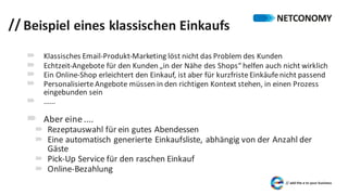 // Beispiel	eines	klassischen	Einkaufs
´ Klassisches	Email-Produkt-Marketing	löst	nicht	das	Problem	des	Kunden
´ Echtzeit-Angebote	für	den	Kunden	„in	der	Nähe	des	Shops“	helfen	auch	nicht	wirklich
´ Ein	Online-Shop	erleichtert	den	Einkauf,	ist	aber	für	kurzfriste	Einkäufe	nicht	passend
´ Personalisierte	Angebote	müssen	in	den	richtigen	Kontext	stehen,	in	einen	Prozess	
eingebunden	sein	
´ ......
´ Aber	eine	....
´ Rezeptauswahl	für	ein	gutes	Abendessen
´ Eine	automatisch	generierte	Einkaufsliste,	abhängig	von	der	Anzahl	der	
Gäste
´ Pick-Up	Service	für	den	raschen	Einkauf
´ Online-Bezahlung
 