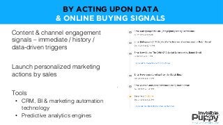 Content & channel engagement
signals – immediate / history /
data-driven triggers
Launch personalized marketing
actions by sales
Tools
•  CRM, BI & marketing automation
technology
•  Predictive analytics engines
BY ACTING UPON DATA
& ONLINE BUYING SIGNALS
 
