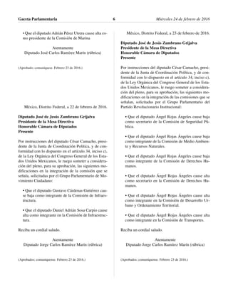• Que el diputado Adrián Pérez Utrera cause alta co-
mo presidente de la Comisión de Marina
Atentamente
Diputado José Carlos Ramírez Marín (rúbrica)
(Aprobado; comuníquese. Febrero 23 de 2016.)
México, Distrito Federal, a 22 de febrero de 2016.
Diputado José de Jesús Zambrano Grijalva
Presidente de la Mesa Directiva
Honorable Cámara de Diputados
Presente
Por instrucciones del diputado César Camacho, presi-
dente de la Junta de Coordinación Política, y de con-
formidad con lo dispuesto en el artículo 34, inciso c),
de la Ley Orgánica del Congreso General de los Esta-
dos Unidos Mexicanos, le ruego someter a considera-
ción del pleno, para su aprobación, las siguientes mo-
dificaciones en la integración de la comisión que se
señala, solicitadas por el Grupo Parlamentario de Mo-
vimiento Ciudadano:
• Que el diputado Gustavo Cárdenas Gutiérrez cau-
se baja como integrante de la Comisión de Infraes-
tructura.
• Que el diputado Daniel Adrián Sosa Carpio cause
alta como integrante en la Comisión de Infraestruc-
tura.
Reciba un cordial saludo.
Atentamente
Diputado Jorge Carlos Ramírez Marín (rúbrica)
(Aprobados; comuníquense. Febrero 23 de 2016.)
México, Distrito Federal, a 23 de febrero de 2016.
Diputado José de Jesús Zambrano Grijalva
Presidente de la Mesa Directiva
Honorable Cámara de Diputados
Presente
Por instrucciones del diputado César Camacho, presi-
dente de la Junta de Coordinación Política, y de con-
formidad con lo dispuesto en el artículo 34, inciso c),
de la Ley Orgánica del Congreso General de los Esta-
dos Unidos Mexicanos, le ruego someter a considera-
ción del pleno, para su aprobación, las siguientes mo-
dificaciones en la integración de las comisiones que se
señalan, solicitadas por el Grupo Parlamentario del
Partido Revolucionario Institucional:
• Que el diputado Ángel Rojas Ángeles cause baja
como secretario de la Comisión de Seguridad Pú-
blica.
• Que el diputado Ángel Rojas Ángeles cause baja
como integrante de la Comisión de Medio Ambien-
te y Recursos Naturales.
• Que el diputado Ángel Rojas Ángeles cause baja
como integrante de la Comisión de Derechos Hu-
manos.
• Que el diputado Ángel Rojas Ángeles cause alta
como secretario en la Comisión de Derechos Hu-
manos.
• Que el diputado Ángel Rojas Ángeles cause alta
como integrante en la Comisión de Desarrollo Ur-
bano y Ordenamiento Territorial.
• Que el diputado Ángel Rojas Ángeles cause alta
como integrante en la Comisión de Transportes.
Reciba un cordial saludo.
Atentamente
Diputado Jorge Carlos Ramírez Marín (rúbrica)
(Aprobados; comuníquense. Febrero 23 de 2016.)
Gaceta Parlamentaria Miércoles 24 de febrero de 20166
 