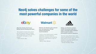 Neo4j solves challenges for some of the
most powerful companies in the world
Adidas uses Neo4j to combine
content and product data into a
single, searchable graph database
which is used to create a
personalized customer experience
“We have many different silos, many
different data domains, and in order to
make sense out of our data, we
needed to bring those together and
make them useful for us,”  
– Sokratis Kartelias, Adidas
eBay Now Tackles eCommerce
Delivery Service Routing with Neo4j
“We needed to rebuild when growth
and new features made our slowest
query longer than our fastest delivery -
15 minutes! Neo4j gave us best
solution”  
– Volker Pacher, eBay
Walmart uses Neo4j to give customer
best web experience through
relevant and personal
recommendations
“As the current market leader in graph
databases, and with enterprise
features for scalability and availability,
Neo4j is the right choice to meet our
demands”.  
- Marcos Vada, Walmart
 