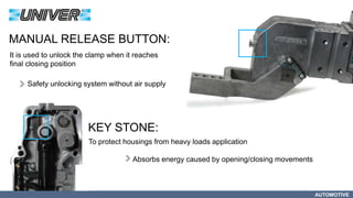 AUTOMOTIVE
MANUAL RELEASE BUTTON:
It is used to unlock the clamp when it reaches
final closing position
Safety unlocking system without air supply
KEY STONE:
To protect housings from heavy loads application
Absorbs energy caused by opening/closing movements
 