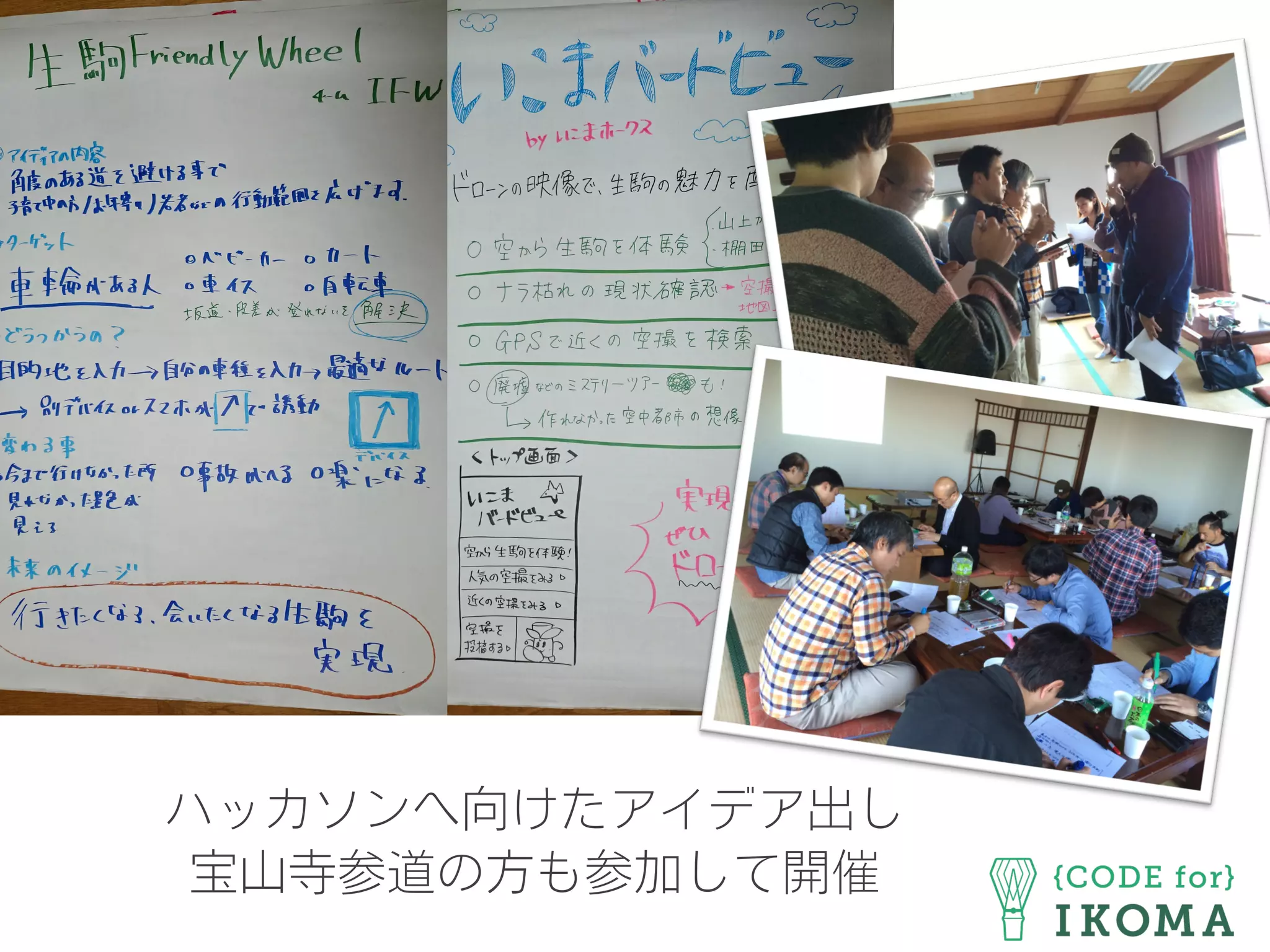 ハッカソンへ向けたアイデア出し
宝山寺参道の方も参加して開催
 