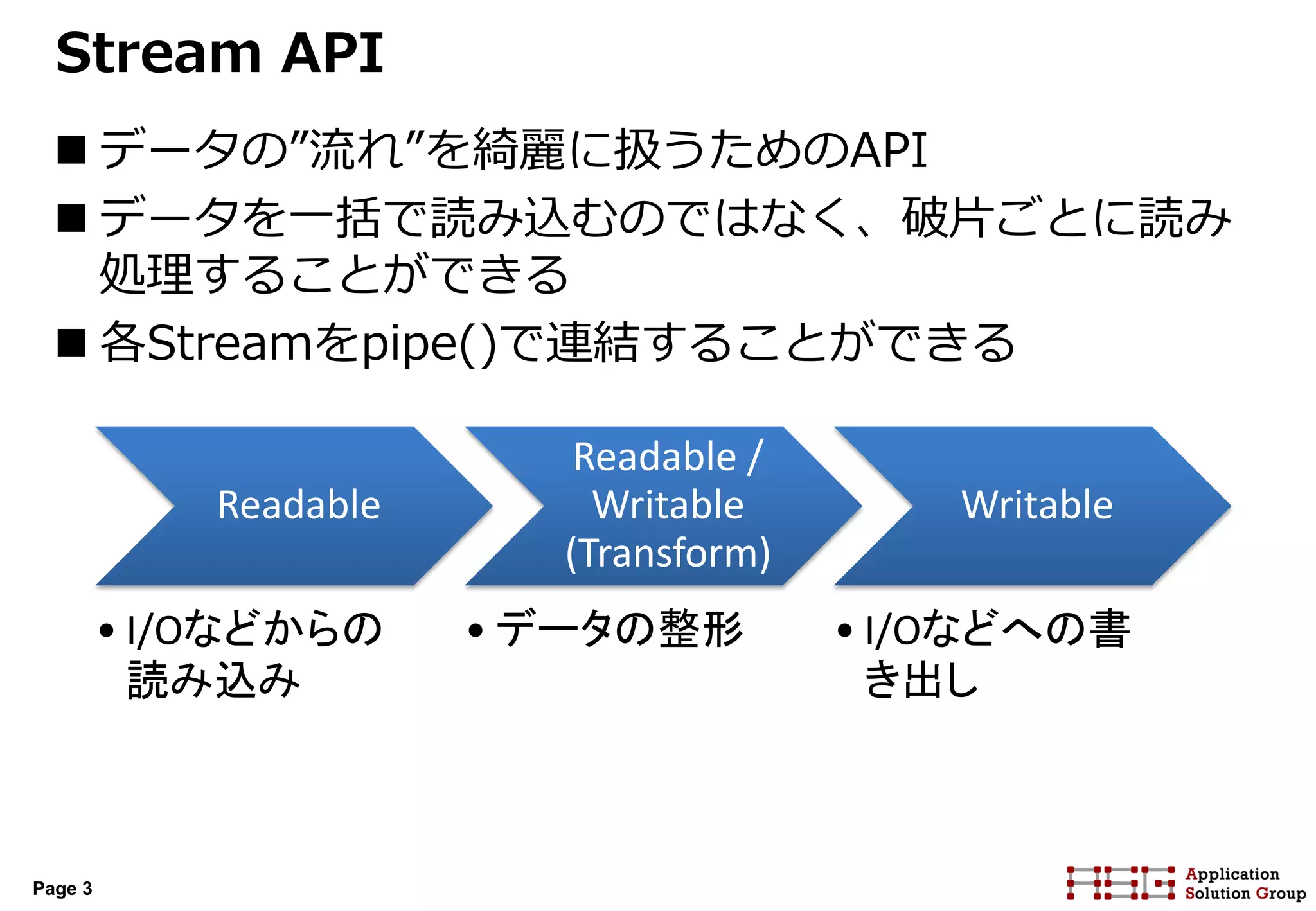 Page 3
Stream API
 データの”流れ”を綺麗に扱うためのAPI
 データを一括で読み込むのではなく、破片ごとに読み
処理することができる
 各Streamをpipe()で連結することができる
Readable
• I/Oなどからの
読み込み
Readable /
Writable
(Transform)
• データの整形
Writable
• I/Oなどへの書
き出し
 
