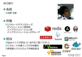 Page 2
自己紹介
 名前
北野 太郎
 所属
リクルートテクノロジーズ
ITソリューション統括部
インフラソリューション部
インフラソリューション2グループ
 担当
Qassインフラ担当 (※ @ITをご覧ください)
リクルート共通インフラの自動化
新規導入ミドルウェアの検証担当
 