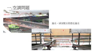 一.空調問題
38
漏水、1和2號水塔都在漏水
2 1
漏水(水量高度)
2號水塔
 