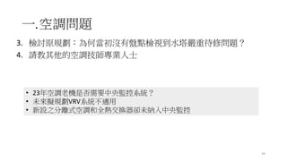 一.空調問題
3. 檢討原規劃：為何當初沒有盤點檢視到水塔嚴重待修問題？
4. 請教其他的空調技師專業人士
39
• 23年空調老機是否需要中央監控系統？
• 未來擬規劃VRV系統不適用
• 新設之分離式空調和全熱交換器卻未納入中央監控
 