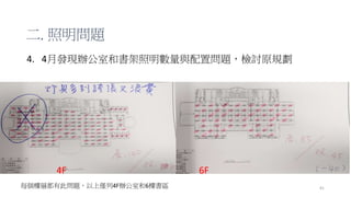 4. 4月發現辦公室和書架照明數量與配置問題，檢討原規劃
41
4F 6F
每個樓層都有此問題，以上僅列4F辦公室和6樓書區
二. 照明問題
 