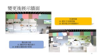 變更後展示牆面
46
科普特展
(1. 便於不定期更換
(2. 便於配合科普書展示
禮品展示區
(1. 牆面利於禮品展示
(2. 設置位置較便於管理
 