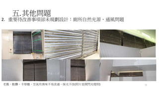 五.其他問題
2. 重要待改善事項卻未規劃設計：廁所自然光源、通風問題
53老舊、骯髒、卡厚塵、空氣有異味不易流通、採光不佳(照片是開閃光燈照)
 