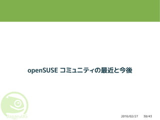 2016/02/27 38/43
openSUSE コミュニティの最近と今後
 