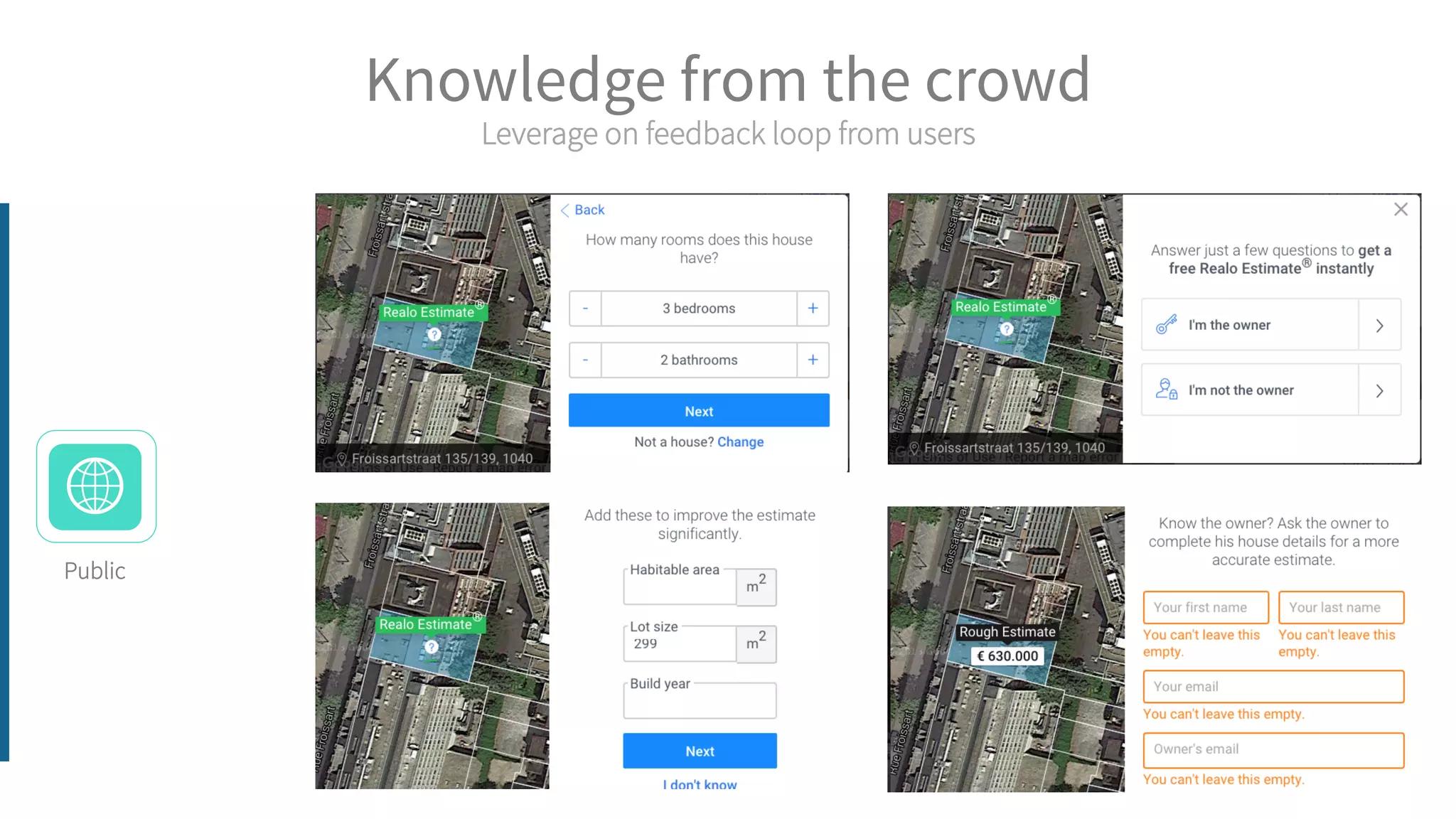 Knowledge from the crowd
Public
Leverage on feedback loop from users
 