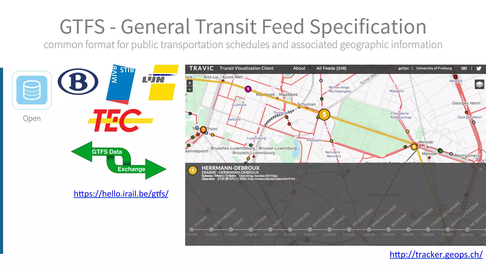 GTFS - General Transit Feed Specification
common format for public transportation schedules and associated geographic information
Open
h"ps://hello.irail.be/g0s/	
  
h"p://tracker.geops.ch/	
  
 