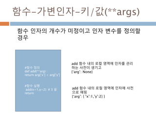 함수-가변인자-키/값(**args)
함수 인자의 개수가 미정이고 인자 변수를 정의할
경우
add 함수 내의 로컬 영역에 인자를 관리
하는 사전이 생기고
{‘arg’: None}
add 함수 내의 로컬 영역에 인자에 사전
으로 매핑
{‘arg’: { ‘x’:1,’y’:2} }
#함수 정의
def add(**arg) :
return arg[‘x’] + arg[‘y’]
#함수 실행
add(x=1,y=2) # 3 을
return
 
