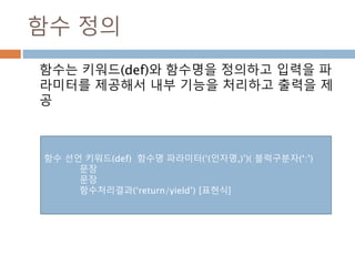 함수 정의
함수는 키워드(def)와 함수명을 정의하고 입력을 파
라미터를 제공해서 내부 기능을 처리하고 출력을 제
공
함수 선언 키워드(def) 함수명 파라미터(‘(인자명,)’)( 블럭구분자(‘:’)
문장
문장
함수처리결과(‘return/yield’) [표현식]
 
