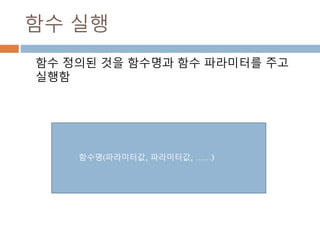 함수 실행
함수 정의된 것을 함수명과 함수 파라미터를 주고
실행함
함수명(파라미터값, 파라미터값, ……)
 