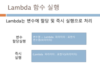 Lambda 함수 실행
Lambda는 변수에 할당 및 즉시 실행으로 처리
변수명 = Lambda 파라미터 : 표현식
변수명(파라미터)
(Lambda 파라미터 : 표현식)(파라미터)
변수
할당실행
즉시
실행
 