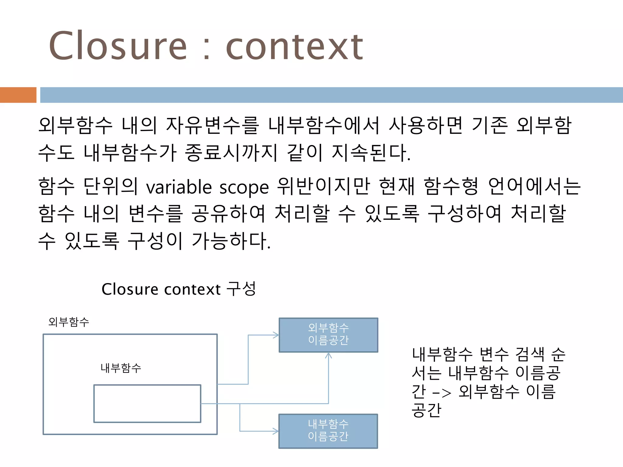 Closure : context
외부함수 내의 자유변수를 내부함수에서 사용하면 기존 외부함
수도 내부함수가 종료시까지 같이 지속된다.
함수 단위의 variable scope 위반이지만 현재 함수형 언어에서는
함수 내의 변수를 공유하여 처리할 수 있도록 구성하여 처리할
수 있도록 구성이 가능하다.
외부함수
내부함수
외부함수
이름공간
내부함수
이름공간
Closure context 구성
내부함수 변수 검색 순
서는 내부함수 이름공
간 -> 외부함수 이름
공간
 