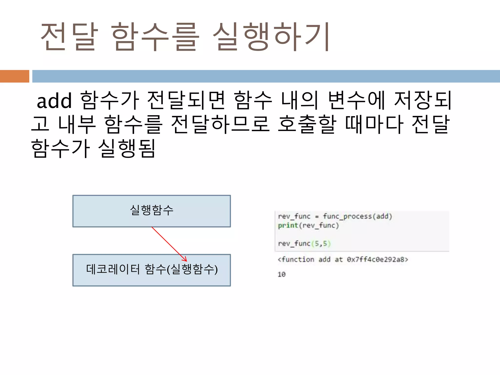 전달 함수를 실행하기
add 함수가 전달되면 함수 내의 변수에 저장되
고 내부 함수를 전달하므로 호출할 때마다 전달
함수가 실행됨
실행함수
데코레이터 함수(실행함수)
 