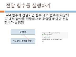 전달 함수를 실행하기
add 함수가 전달되면 함수 내의 변수에 저장되
고 내부 함수를 전달하므로 호출할 때마다 전달
함수가 실행됨
실행함수
데코레이터 함수(실행함수)
 