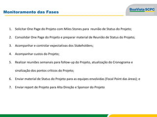 Monitoramento das Fases
1. Solicitar One Page do Projeto com Miles Stones para reunião de Status do Projeto;
2. Consolidar One Page do Projeto e preparar material de Reunião de Status do Projeto;
3. Acompanhar e controlar expectativas dos Stakeholders;
4. Acompanhar custos do Projeto;
5. Realizar reuniões semanais para follow-up do Projeto, atualização do Cronograma e
sinalização dos pontos críticos do Projeto;
6. Enviar material de Status do Projeto para as equipes envolvidas (Focal Point das áreas); e
7. Enviar report de Projeto para Alta Direção e Sponsor do Projeto
 