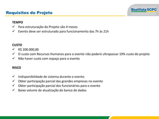 Requisitos do Projeto
TEMPO
 Para estruturação do Projeto são 4 meses
 Evento deve ser estruturado para funcionamento das 7h às 21h
CUSTO
 R$ 200.000,00
 O custo com Recursos Humanos para o evento não poderá ultrapassar 10% custo do projeto
 Não haver custo com espaço para o evento
RISCO
 Indisponibilidade de sistema durante o evento
 Obter participação parcial das grandes empresas no evento
 Obter participação parcial dos funcionários para o evento
 Baixo volume de atualização do banco de dados
 