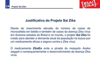 Projeto Sai Zika14
Justificativa do Projeto Sai Zika
Diante do crescimento elevado do número de casos de
microcefalia em bebês e também de casos da doença Zika vírus
em diversos estados do Brasil e no mundo, o projeto Sai Zika foi
criado para atender a demanda atual da população na busca por
um medicamento eficaz e seguro contra o Zika vírus.
O medicamento ZikaEx evita a picada do mosquito Aedes
aegypti e consequentemente o desenvolvimento da doença Zika
vírus.
 