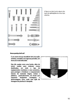 10
A figura ao lado ilustra alguns dos
tipos de aplicações da rosca tipo
soberba.
 