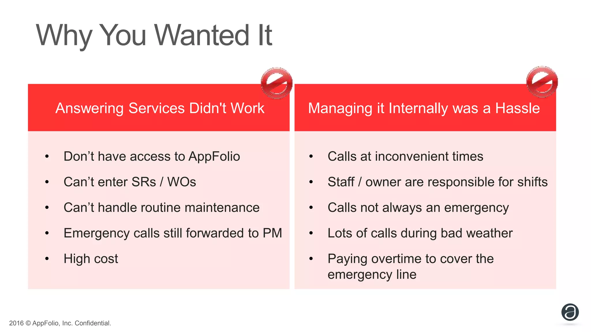 2016 © AppFolio, Inc. Confidential.
Why You Wanted It
Answering Services Didn't Work Managing it Internally was a Hassle
• Don’t have access to AppFolio
• Can’t enter SRs / WOs
• Can’t handle routine maintenance
• Emergency calls still forwarded to PM
• High cost
• Calls at inconvenient times
• Staff / owner are responsible for shifts
• Calls not always an emergency
• Lots of calls during bad weather
• Paying overtime to cover the
emergency line
 