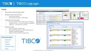 53
TIBCO LogLogic
© Copyright 2000-2015 TIBCO Software Inc.
Characteristics
• Data Sources
• Features
• Frequency
• Deployment Options
• Pricing
Facts
• Easy setup (small and large scale)
• Simple to use for the end user
– Powerful user interface
– Not as powerful as Splunk or IBM QRadar
• Targeted for all use cases
– Not just for log files, but also other events / messaging
– „Enterprise Pricing“ - Low costs compared to competitors
– „Always on“ – even after limit is reached
• Enterprise Class
– Part of a complete middlware suite
– Most advanced analytics (via TIBCO Spotfire add-on)
– Available as hardware appliance
– Ready for ITOA (via TIBCO LogLogic Unity)
 