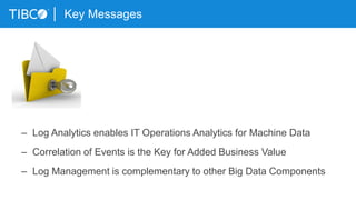Key Messages
– Log Analytics enables IT Operations Analytics for Machine Data
– Correlation of Events is the Key for Added Business Value
– Log Management is complementary to other Big Data Components
 