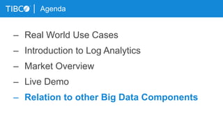 Agenda
– Real World Use Cases
– Introduction to Log Analytics
– Market Overview
– Live Demo
– Relation to other Big Data Components
 