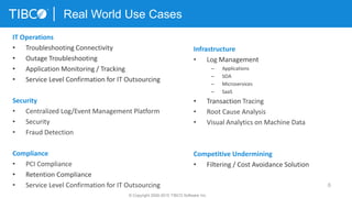 8
© Copyright 2000-2015 TIBCO Software Inc.
Real World Use Cases
Infrastructure
• Log Management
– Applications
– SOA
– Microservices
– SaaS
• Transaction Tracing
• Root Cause Analysis
• Visual Analytics on Machine Data
Competitive Undermining
• Filtering / Cost Avoidance Solution
IT Operations
• Troubleshooting Connectivity
• Outage Troubleshooting
• Application Monitoring / Tracking
• Service Level Confirmation for IT Outsourcing
Security
• Centralized Log/Event Management Platform
• Security
• Fraud Detection
Compliance
• PCI Compliance
• Retention Compliance
• Service Level Confirmation for IT Outsourcing
 