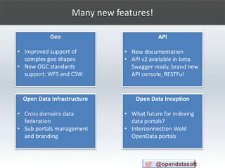 Many new features!
@opendatasoft
Geo
• Improved support of
complex geo shapes
• New OGC standards
support: WFS and CSW
API
• New documentation
• API v2 available in beta.
Swagger ready, brand new
API console, RESTFul
Open Data Infrastructure
• Cross domains data
federation
• Sub portals management
and branding
Open Data Inception
• What future for indexing
data portals?
• Interconnection Wold
OpenData portals
 
