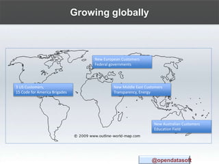 Growing globally
@opendatasoft
3 US Customers,
15 Code for America Brigades
New European Customers
Federal governments
New Middle East Customers
Transparency, Energy
New Australian Customers
Education Field
 