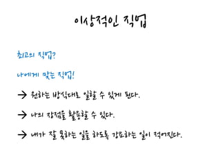 최고의 직업?
나에게 맞는 직업!
 원하는 방식대로 일할 수 있게 된다.
 나의 장점을 활용할 수 있다.
 내가 잘 못하는 일을 하도록 강요하는 일이 적어진다.
이상적인 직업
 