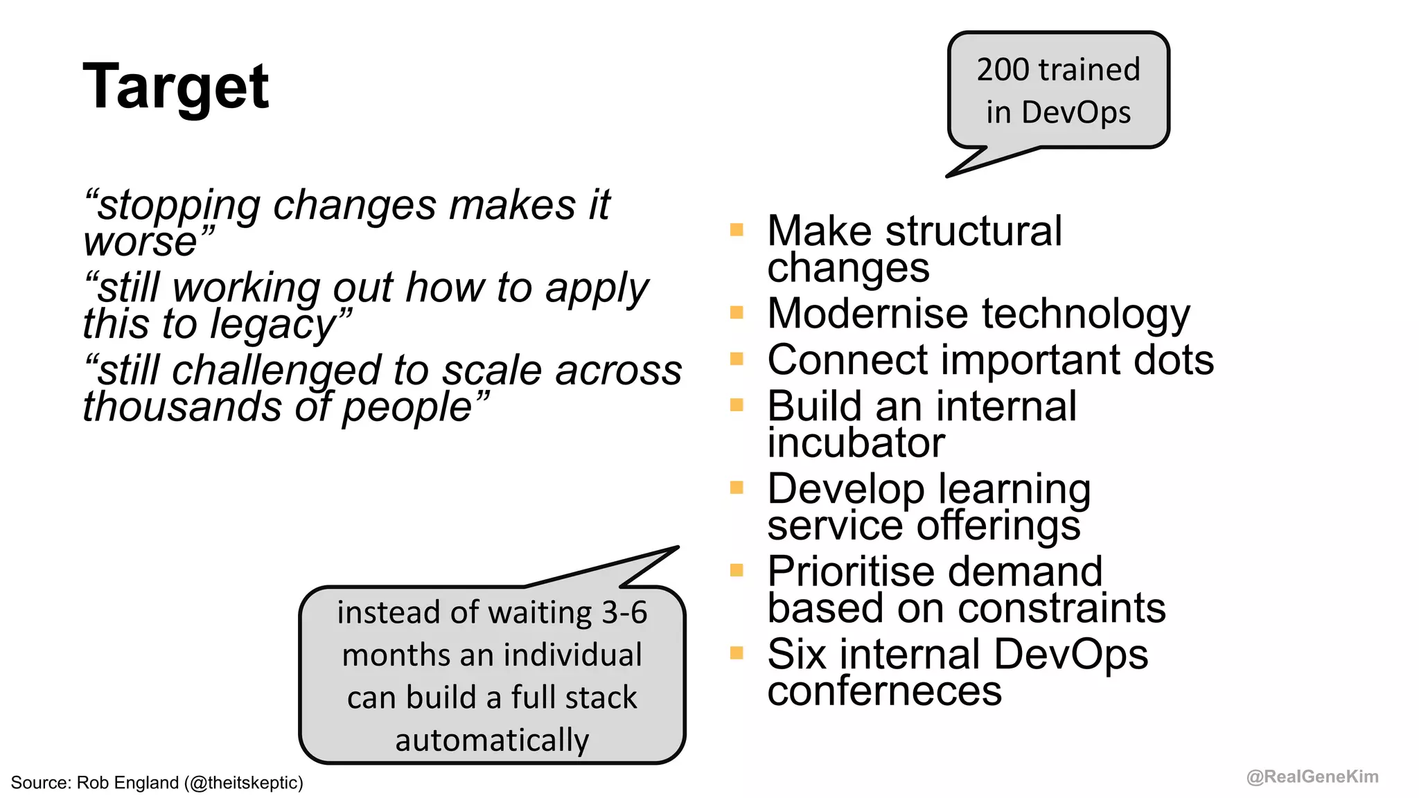 @RealGeneKim
Target
“stopping changes makes it
worse”
“still working out how to apply
this to legacy”
“still challenged to scale across
thousands of people”
 Make structural
changes
 Modernise technology
 Connect important dots
 Build an internal
incubator
 Develop learning
service offerings
 Prioritise demand
based on constraints
 Six internal DevOps
conferneces
instead of waiting 3-6
months an individual
can build a full stack
automatically
200 trained
in DevOps
Source: Rob England (@theitskeptic)
 