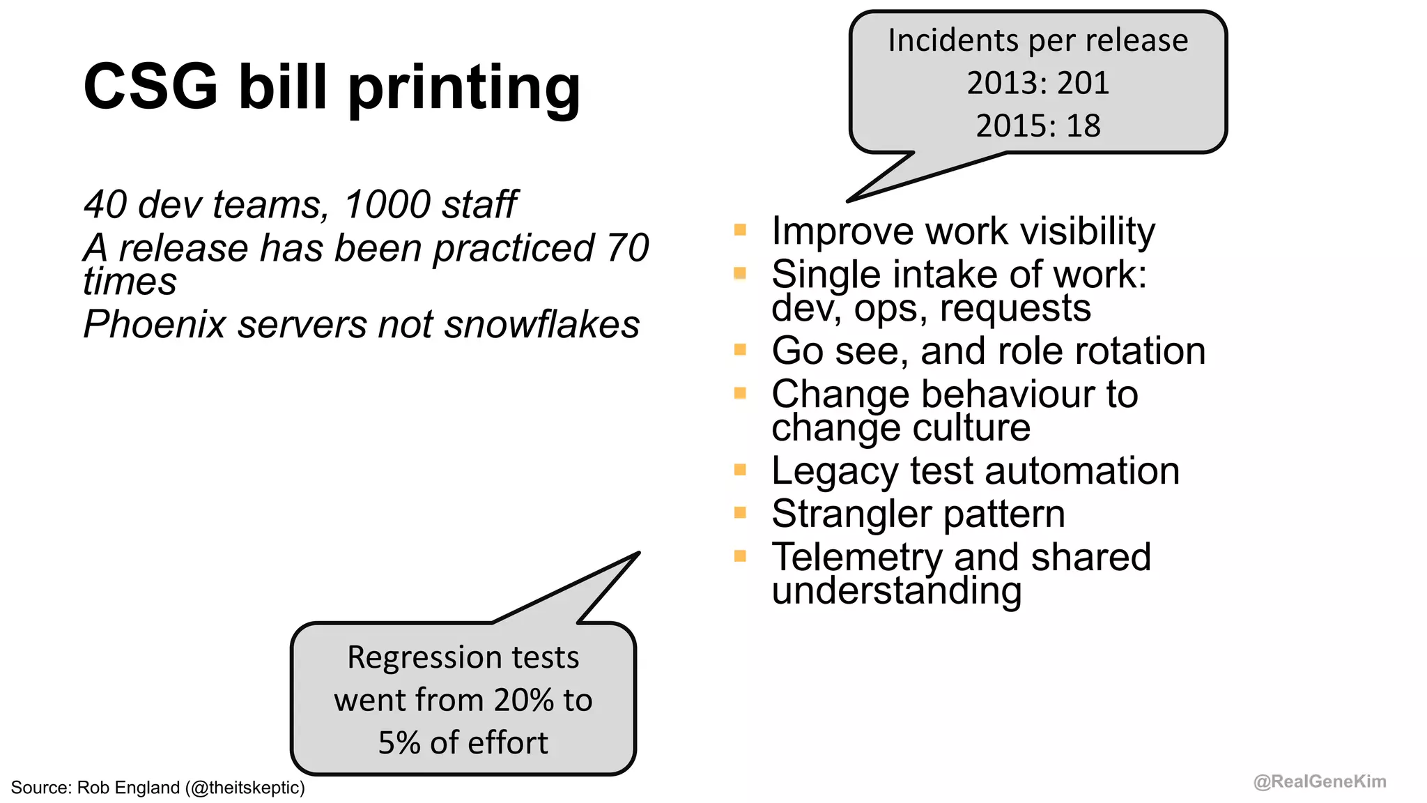 @RealGeneKim
CSG bill printing
40 dev teams, 1000 staff
A release has been practiced 70
times
Phoenix servers not snowflakes
 Improve work visibility
 Single intake of work:
dev, ops, requests
 Go see, and role rotation
 Change behaviour to
change culture
 Legacy test automation
 Strangler pattern
 Telemetry and shared
understanding
Regression tests
went from 20% to
5% of effort
Incidents per release
2013: 201
2015: 18
Source: Rob England (@theitskeptic)
 
